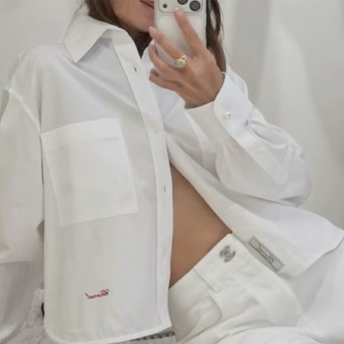 chanel pointed collar dual patch pocket cropped cotton button down shirt